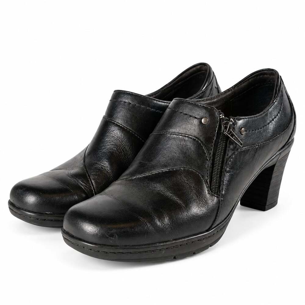 Clarks Black Leather Block Heel Ankle Booties Shoes With Side Zipper